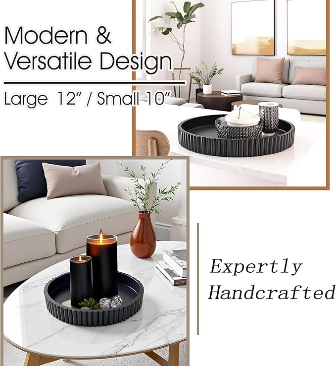 Modern Table Round Decorative Trays 2pcs Home Decor - Circle Coffee Table Centerpiece Set 12"/10" - Wooden Black Ottoman Tray with Fluted Edge