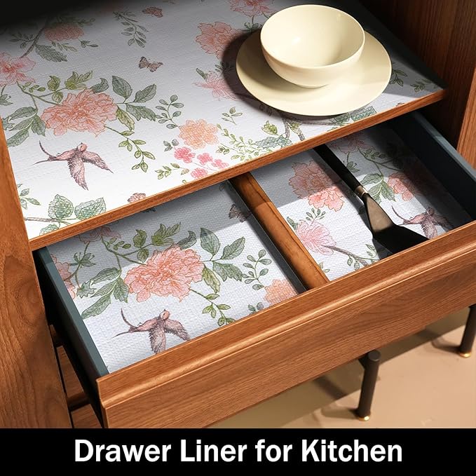 Bird Floral Shelf Liners Non Adhesive and Strong Non-Slip 12IN x 20FT Shelf and Drawer Liners for Kitchen Cabinet Wire Fridge, Waterproof Shelf Drawer Liner,Easy to Clean