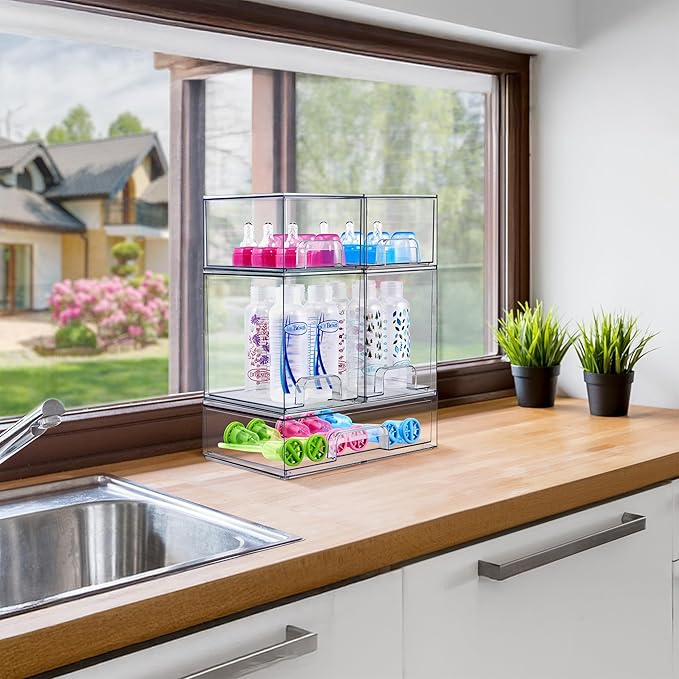 Sorbus Stackable Acrylic Storage Drawers – 2 Small + 2 Tall + 1 Wide – 5 Pack Clear Plastic Organizer Bins for Baby Bottles, Makeup, Bathroom & Vanity, Pull-Out Drawer Design for Kitchen Cabinets