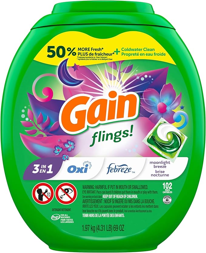 Gain Flings Laundry Detergent Pacs, 102 Count, Moonlight Breeze Scent, with Odor Defense, concentrated laundry soap pacs