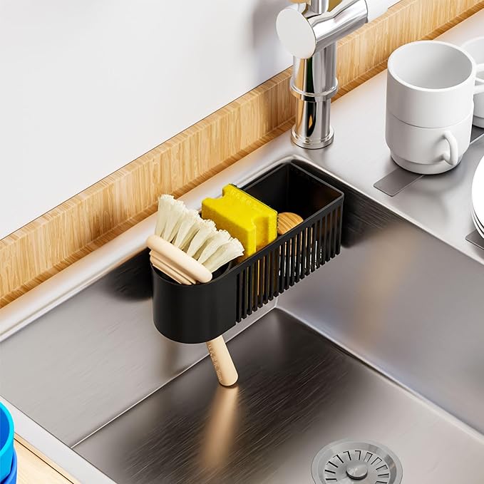 SUOXING Rustproof Sponge Holder for Kitchen Sink, 2-in-1 Dish Wand Holder with Suction Cup and Adhesive for Scrub Brush, Scrubber, Dish Sponge, Sponge Holder, In Sink Organizer & Basket Accessories, Plastic