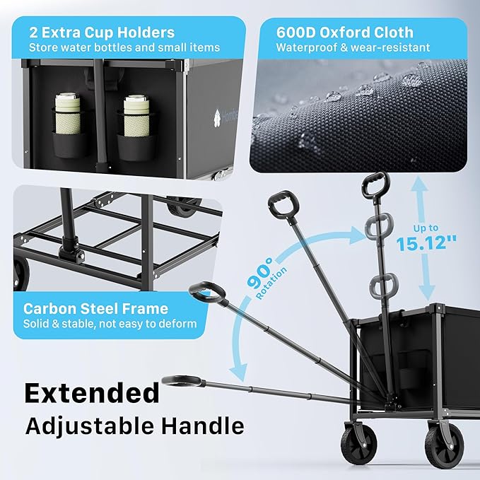 Collapsible Wagon Cart with Wheels, 150L Lightweight Foldable Utility Cart, Portable Rolling Wagon for Garden, Shopping, Sports, Camping, Transport, Black