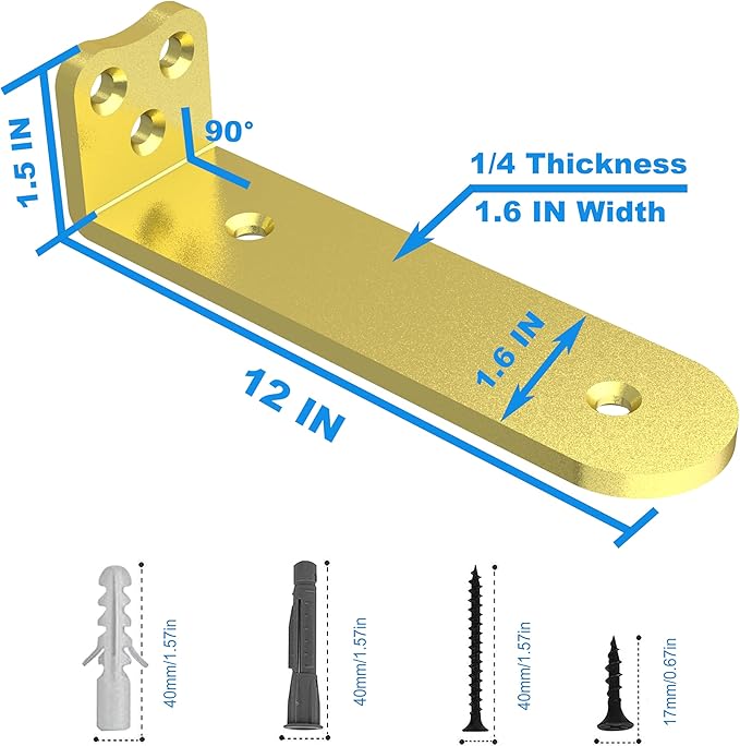 Eurydice Heavy Duty Floating Shelf Brackets, 1/4 inch Thick L Bracket, (12 in 6 Pack Gold), Holds 200 lb, Rounded Arc Edge, One-Piece, 3 Hole Mounting for Wood Shelves in Kitchen, Garage, Office, DIY