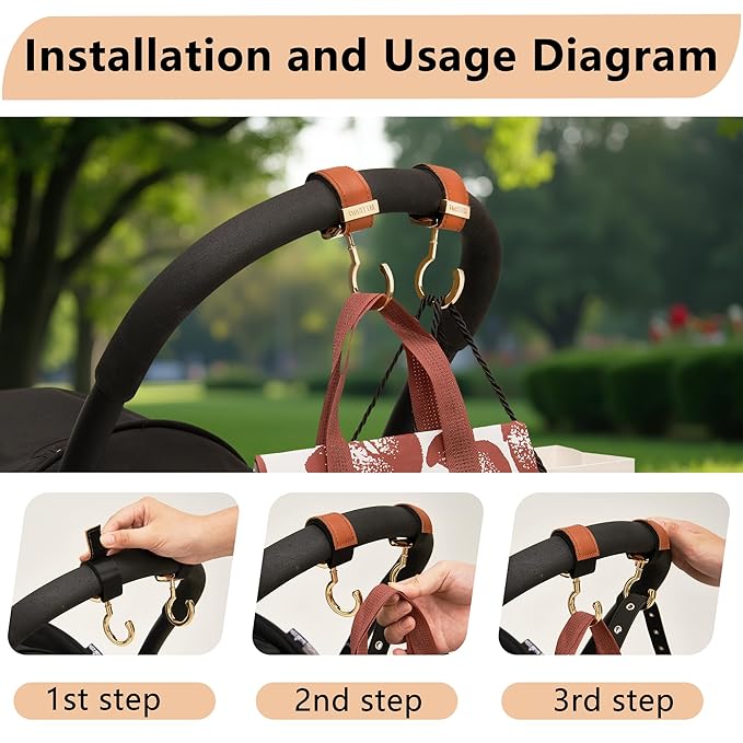 2 Pack Stroller Hooks,Strong Synthetic Leather Hook-and-Loop Fastener&High-Quality Metal Hooks,Universal Bag Clip|360° Rotation, 66lb Capacity,Non-Slip-Fits Wheelchair(Pink-Silver Gray)