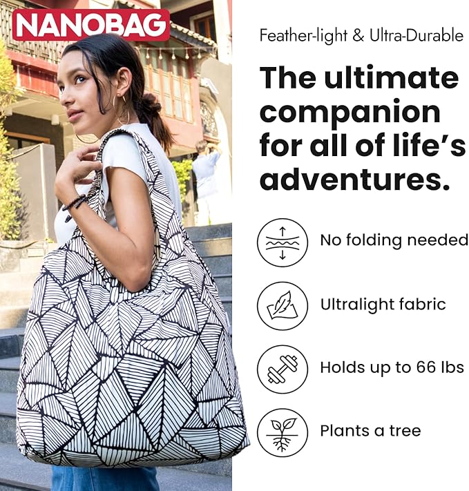 Nanobag Ultra-Lightweight Heavy Duty Foldable Tote for Women & Men, Reusable Grocery & Travel Bag, Packable Collapsible Compact Market Essential (XL Sketch)