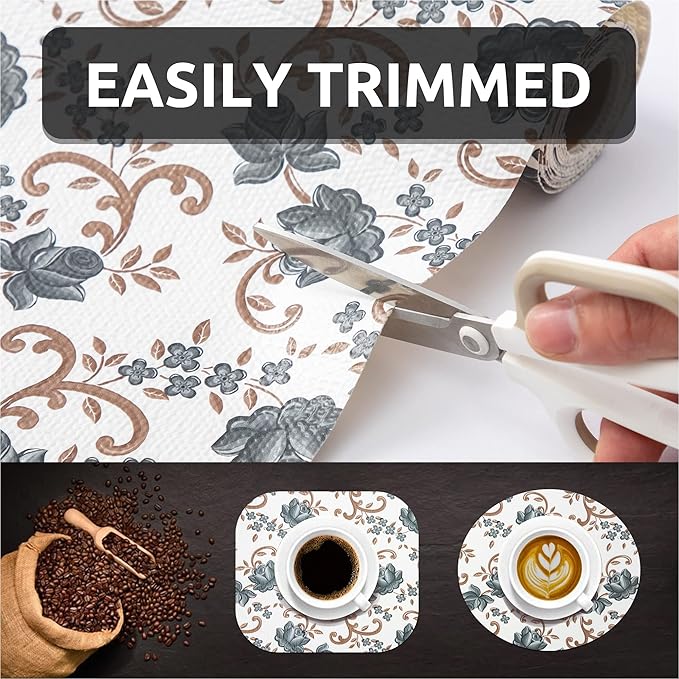 FIFTY FEET 12X120 Inch Shelf Liner for Kitchen Cabinets, PVC Drawer Liner for Dresser Non-Slip Bathroom, Non-Adhesive Cabinet Liner Washable (Black Floral)(9 Roll)