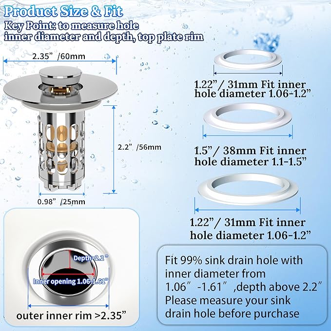 3 in 1 Bathroom Sink Drain Strainer,Universal Pop Up Bathroom Sink Stopper Hair Catcher,with Filter Basket Sealing Ring for Anti-Clogging Odor-Proof,Easy Install Drain Catcher for 1.06”~1.61” Hole