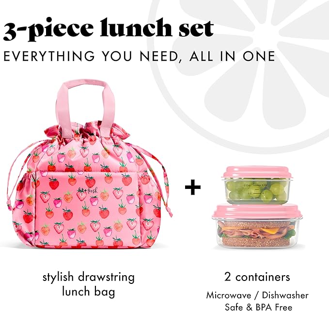 Fit & Fresh Cromwell Drawstring Lunch Bag for Women, Complete Lunch Set with 2 Containers, Stain-Resistant, Leak-Resistant, Back to School Essential, Teacher Lunchbox, Pink Strawberries