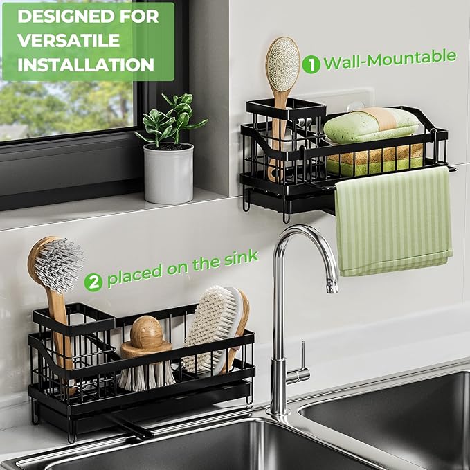 Sink Caddy kitchen Organzier with High Brush Holder, Wall-Mounted Sponge Holder for Sink, Countertop Organizer Soap Dispenser Storage, Rustproof 304 Stainless Steel Kitchen Essentials