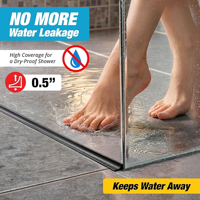 Shower Threshold Water Dam Barrier 98" - Black Collapsible Walk in Shower Water Guard - Door Bottom Seal Strip Leak Guard by Hippo Dam