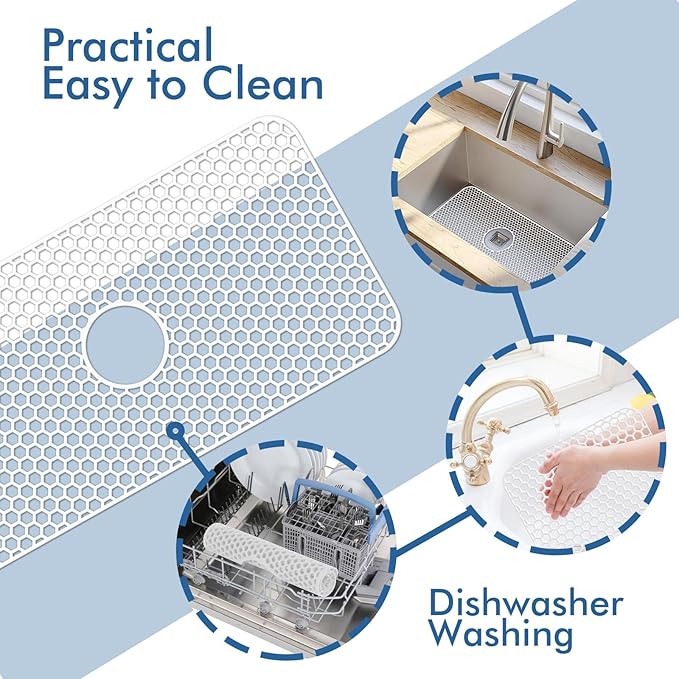 Silicone Sink Protectors for Kitchen Sink with Center Drain - 29.7"x 15.5" Kitchen Protector Accessory, Non-Slip Heat Resistant Mat for Bottom of Farmhouse Stainless Steel Porcelain (White)
