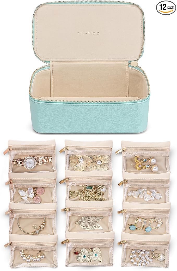 Vlando Travel Jewelry Organizer with 12 Velvet Jewelry Bags Travel Jewelry Case for Girls Jewelry Storage Necklace Rings Earrings Bags Gifts for Women Daughter Friends(Lake Blue)