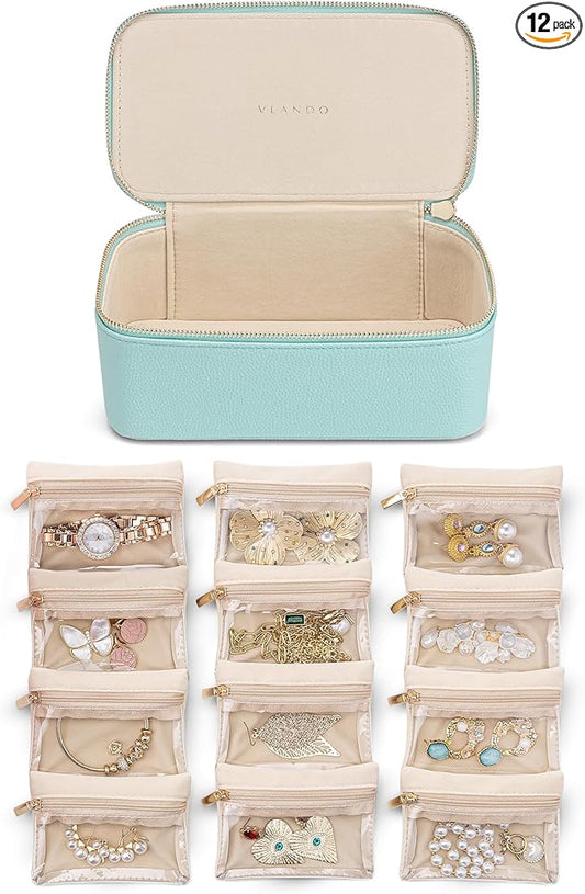Vlando Travel Jewelry Organizer with 12 Velvet Jewelry Bags Travel Jewelry Case for Girls Jewelry Storage Necklace Rings Earrings Bags Gifts for Women Daughter Friends(Lake Blue)