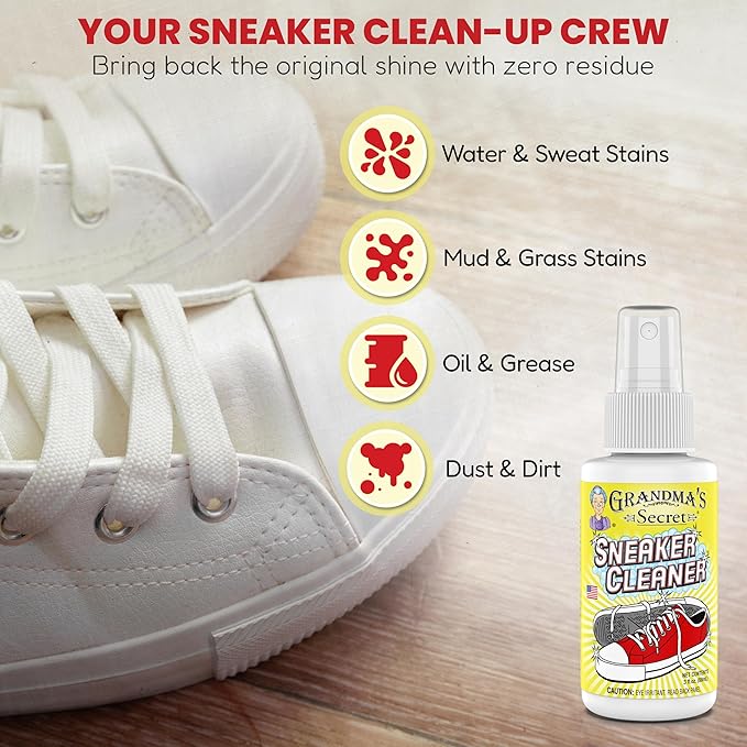 Grandma's Secret Shoe Cleaner - Stain Remover Spray for Rubber, Canvas and Leather - Removes Dirt, Grime and Grass - Sneakers Cleaner for Outdoor Shoes, Slippers and Moccasins 8 oz