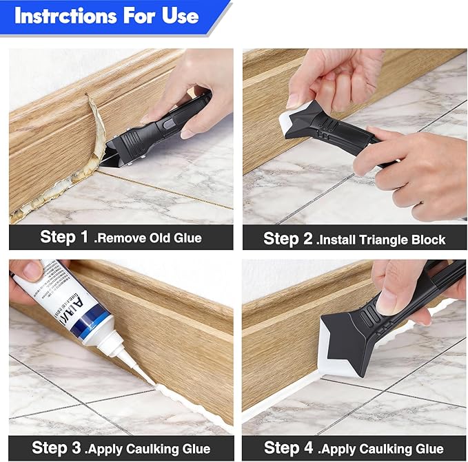 3 in 1 Silicone Caulking Tools, Glass Glue Angle Scraper, Stainless Steelhead Caulk Remover and Sealant Scraper, for Kitchen Bathroom Window and Frames Sealant Seals (Classic with Scraper — Set)