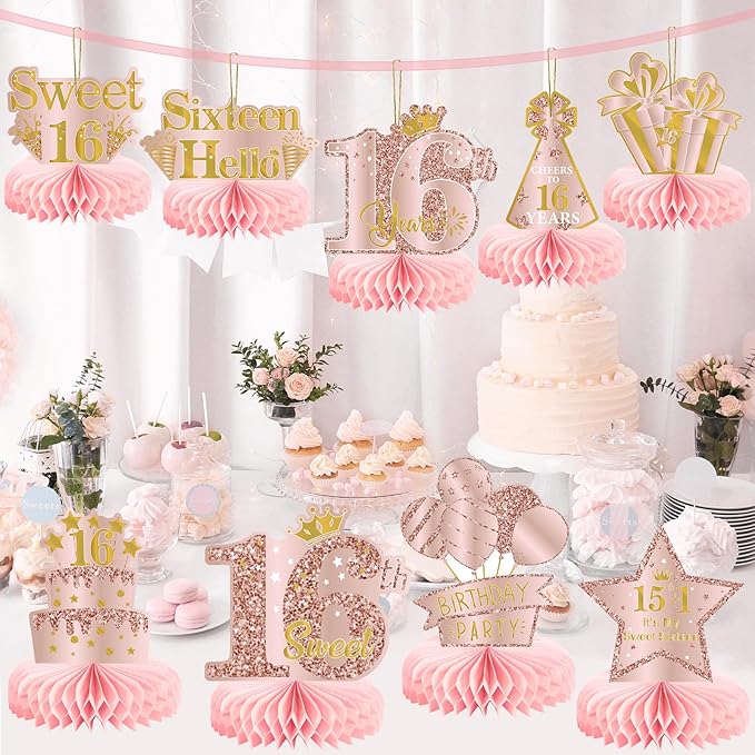 9Pcs 16th Birthday Decorations Pink Rose Gold Honeycomb Centerpieces for Girls,Happy 16th Birthday Table Centerpieces Party Supplies,Sixteen Year Old Birthday Table Toppers Decor
