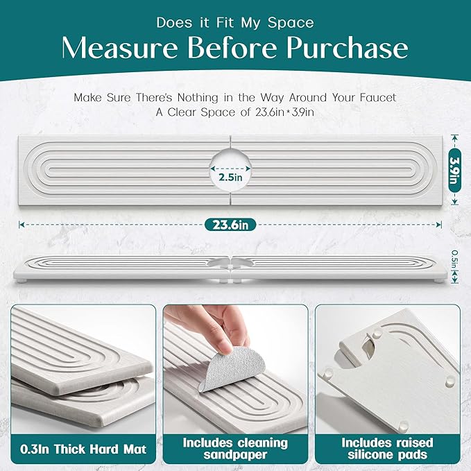 Faucet Mat for Kitchen Sink – Diatomite Stone Drying Mat & Sink Protector, Prevent Moisture – Sink Splash Guard Water-Absorbing Stone Tray for Bathroom Counter (Light Grey,23.6" x 3.9")