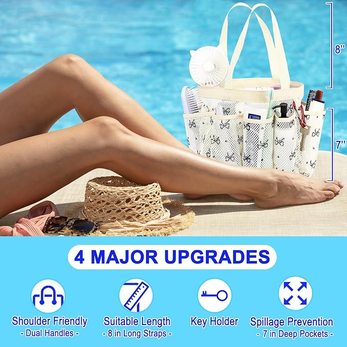 Fammart Mesh Shower Caddy Portable for College Dorm Room Essentials, 8-Pocket Large Shower Basket Tote Bag with 2 Handles for Toiletry, Bathroom, Beach, Camp, Gym