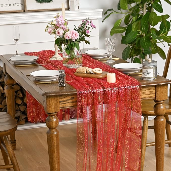 Horaldaily Red Gold Gauze Tablecloth 60x120 Inch Rectangular, Red Sequin Glitter Metallic Foil, Sheer Tulle Cheesecloth for Wedding Baby Shower Ceremony Birthday