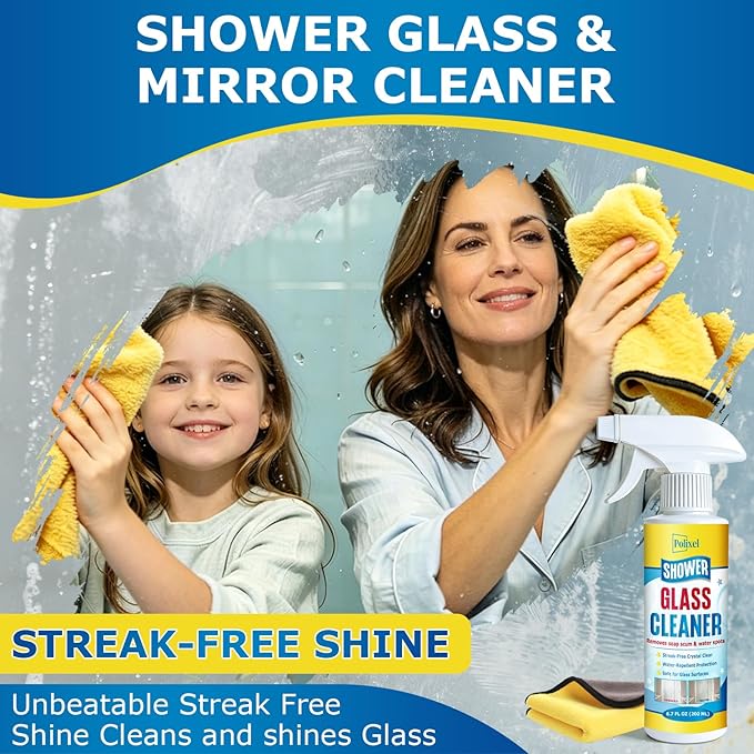 Shower Glass Cleaner – Hard Water Stain Remover & Soap Scum Remover for Shower Doors – Streak-Free Glass Cleaner Spray – For Bathroom Mirrors, Tiles & Glass – 6.8OZ