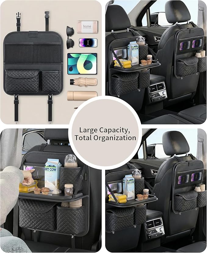 Leather Car Backseat Organizer with Foldable Table Tray - Cup, Tissue, Tablet Holder & Purse Hook, Road Trip Essentials for Car (Black)