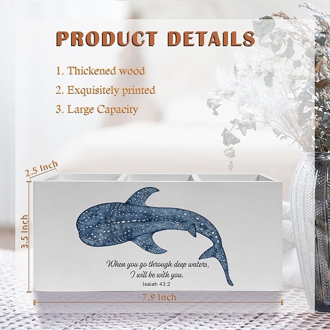 Whale Shark Bible Verses Pen Pencil Holder, Inspirational Christian Desk Decor, When You Go Through Deep Waters Scripture Pencil Pen Holder Organizer for Home Office Desk Accessories