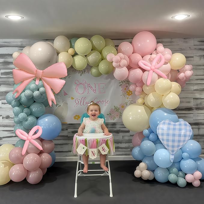 Goose Balloon Arch Kit Pastel Pink Blue Sage Green Balloons Garland Bow Gingham Heart Foil Balloon One Silly Goose Birthday Party Decorations Girl Dusty Pink Blue Yellow Duck Baby Shower Gender Reveal