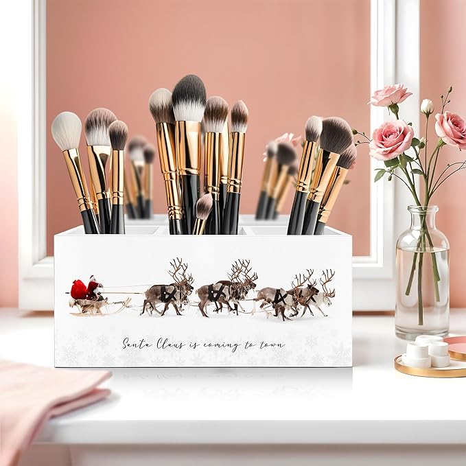 Winter Christmas Pen Pencil Holder for Desk, Christmas Office Decor, Rustic Farmhouse Xmas Santa Claus and Reindeer Wooden Box Block Sign for Home Office Desk Tabletop Decoration