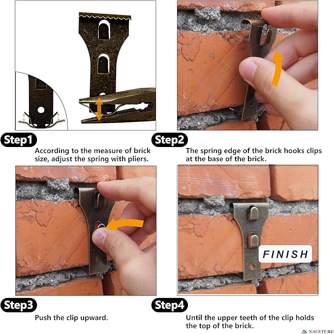NACETURE Brick Hook Clips, 18-Pack — for Bricks 2-1/4”–2-2/5” Only, Requires ≥1/8” Recessed Mortar Gap — No-Drill Metal Brick Wall Hangers — for Seasonal & Everyday Wall Décor