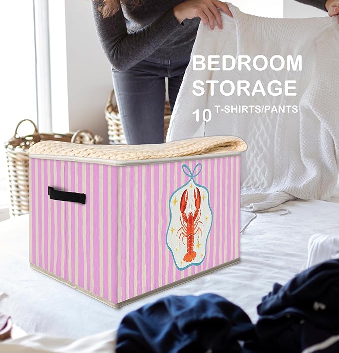 Coastal Beach Lobster Storage Bins Box with Handles, Preppy Blue Bow Ocean Lobster Collapsible Fabric Storage Basket Box Organizer for Bedroom Bathroom Clothes Toys Books