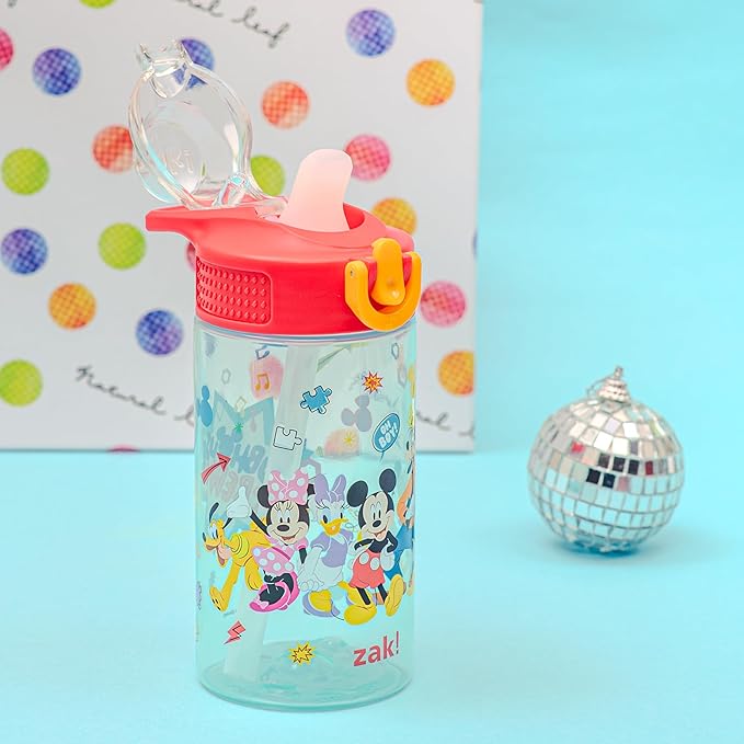 Zak Designs Disney Mickey Mouse Sage Kids Water Bottle For School or Travel, 16oz Durable Plastic Water Bottle With Straw, Handle, and Leak-Proof, Pop-Up Spout Cover (Clubhouse Crew)