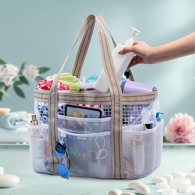 Large Mesh Shower Caddy – Portable Shower Tote with Waterproof Phone Pouch – Quick Dry Shower Bag with Separate Dry & Wet Zones for College Dorm, Gym, Beach Tote, Camping, Travel Essentials