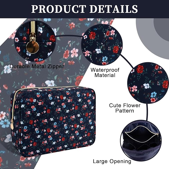 Waterproof Nylon Large Makeup Bag Travel Pouch, Floral Preppy Big Cosmetic Bag Make Up Organizer Toiletry Bag with Zipper, Large Capacity Cute Zipper Pouch Storage Bag for Women Girls(Black Rose)