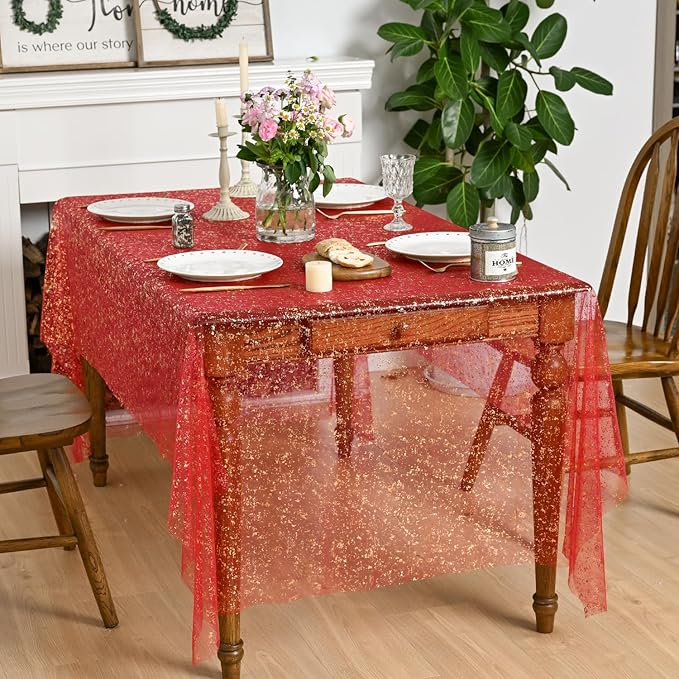 Horaldaily Red Gold Gauze Tablecloth 52x70 Inch Rectangular, Red Sequin Glitter Metallic Foil, Sheer Tulle Cheesecloth for Wedding Baby Shower Ceremony Birthday