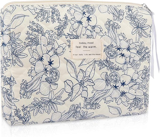 Gosect Large Makeup Bag, Cute Cosmetic Bag for Women Girls, Floral Coquette Aesthetic Toiletry Bag, Travel Make Up Organizer Bag (Navy Blue)