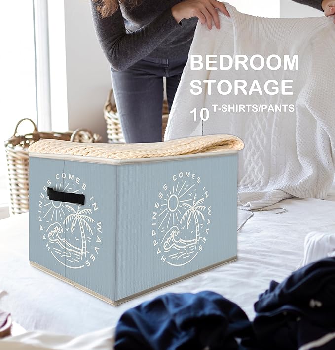 Blue Coastal Beach Storage Bins Box with Handles, Happiness Comes in Waves Collapsible Fabric Storage Basket Box Organizer for Bedroom Bathroom Clothes Toys Books
