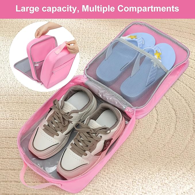 2 Layers Travel Shoe Bag, Portable Shoe Bags Hold 2 Pair Of Shoes, Water-Resistant Shoe Storage Pouch For Travel (Pink, 2 Pack)