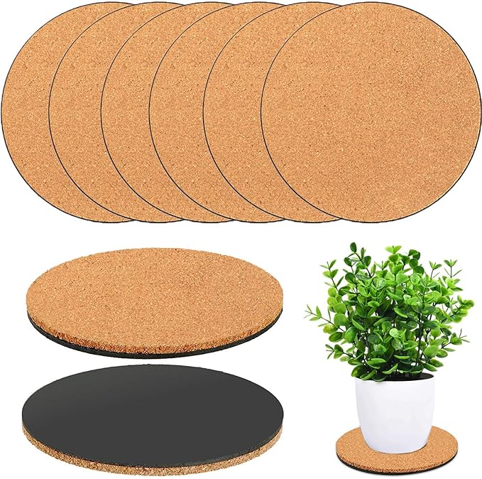 Venyat 6 Pieces Cork Plant Coasters, 6 Inch Cork Plant Mats, Cork Coaster for Planters, Plant Coasters for House Plants Indoors (Nude & Black)