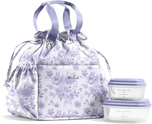 Fit & Fresh Cromwell Drawstring Lunch Bag for Women, Complete Lunch Set with 2 Containers, Stain-Resistant, Leak-Resistant, Back to School Essential, Teacher Lunchbox, Lavender Floral Toile