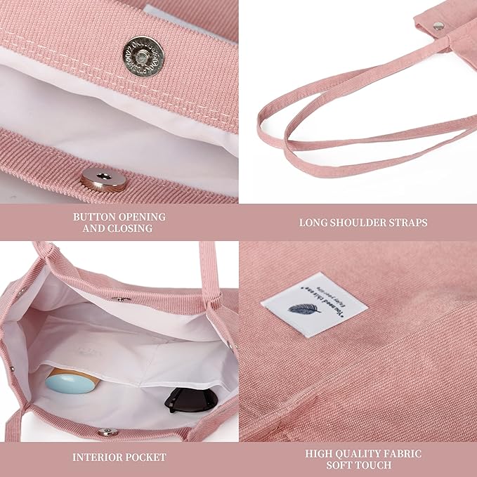 Corduroy Tote Bag Cute Tote Bags for Women Shoulder Bag with Inner Pocket for Work Beach Travel and Shopping Grocery