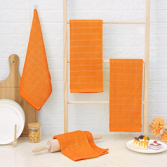 Homaxy 100% Cotton Terry Kitchen Towels(Orange, 13 x 28 inches), Checkered Designed, Soft and Super Absorbent Dish Towels, 8 Pack