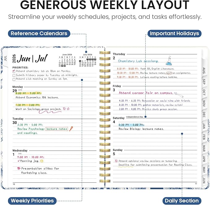 Planner 2026-2027, Academic Year Monthly and Weekly Calendar Planner, Jul 2026 - Jun 2027, Hardcover Teacher Student Planning Agenda book with Tabs, Perfect for School Office Supplies, 6.3" x 8.5" - Blue Elegance