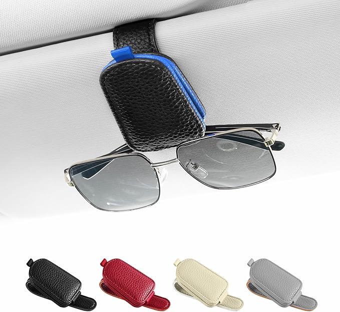 SINGARO Sunglasses Holder for Car, Leather Magnetic Buckle Sun Visor Sunglass Clip, Ticket Card Storage Glasses Clip, Car Interior Accessories for Men and Women（Black-Blue）