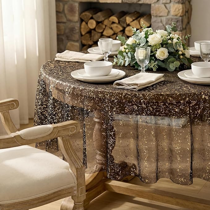 Horaldaily Black Gold Gauze Tablecloth 60x60 Inch Round, Golden Sequin Glitter Metallic Foil, Sheer Tulle Cheesecloth for Wedding Baby Shower Ceremony Birthday