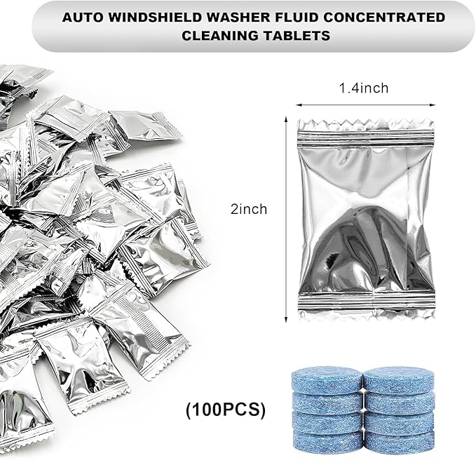 100 PCS Car Windshield Washer Tablets, Windshield Wiper Fluid Concentrate Washer Tablet Glass Cleaner, Solid Effervescent Tablets for Car Window Glass Room Kitchen Cleaning