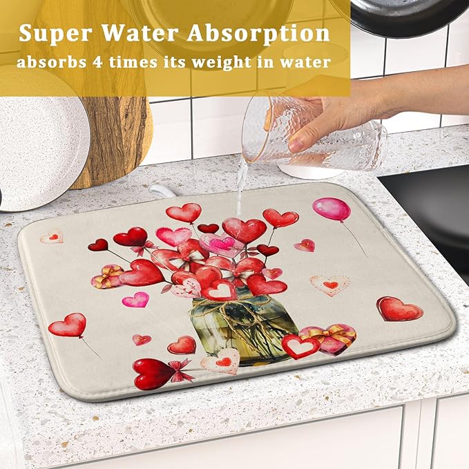 Valentine's Day Dish Drying Mat for Kitchen Counter,Red Love Canes Hearts Decorative Mason Jar Drying Mat 16 x 18 Inch with High Absorbent Microfiber Drainer Mat for Coffee Bar