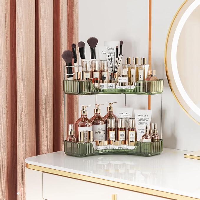 2-Tier Corner Bathroom Counter Organizer with Top Toothbrush Holders,Large Makeup Organizer Countertop with Brush Holder,Skincare Organizers Corner,Exquisite Vanity Organizer(Green, 2 Tier)