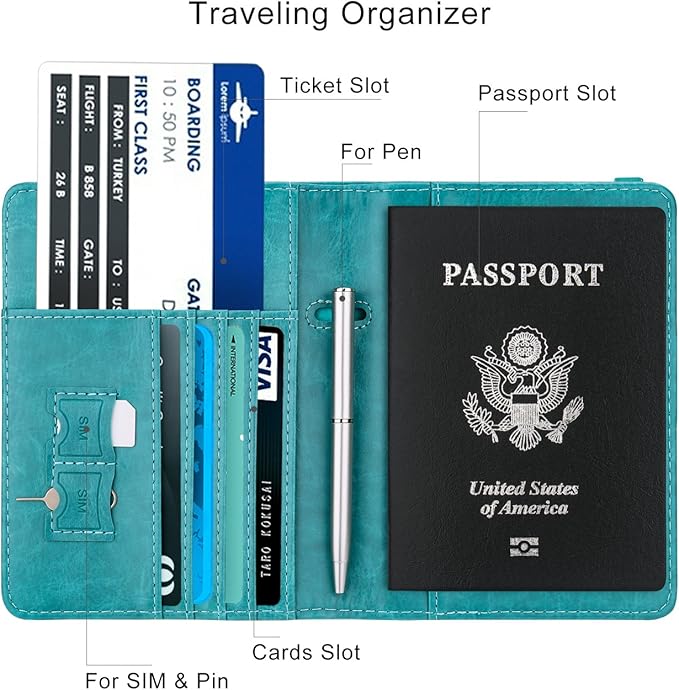 WALNEW Passport Holder for Travel, RFID Passport Cover Wallet for Women Men, PU Leather Passport Book Card Holder Case with Pen, Travelling Essentials for Flying