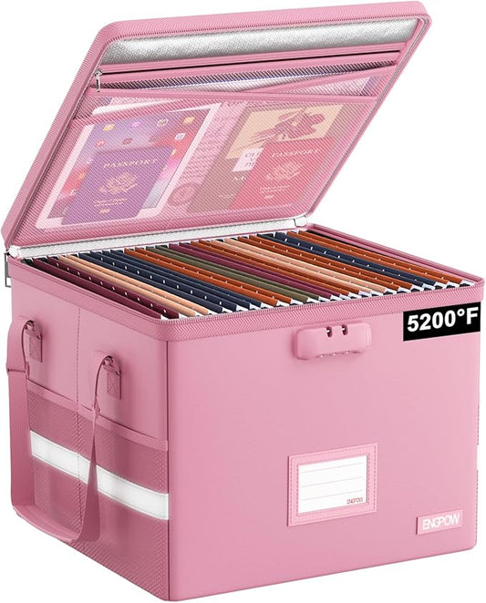 ENGPOW 5200°F File Box Fireproof Document Box with Lock, Heat Insulated Collapsible File Storage Organizer Box with Handle, Portable Home Office File Cabinet for Hanging Letter/Legal Size Folder, Pink