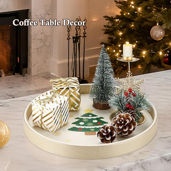 GORESE Christmas Decorative Tray for Coffee Table Decor, 12" Round Leather Christmas Tray for Home Decor, Dining Table Centerpiece, Xtmas Decorations Serving Trays, Gift for Women and Men(Tree)